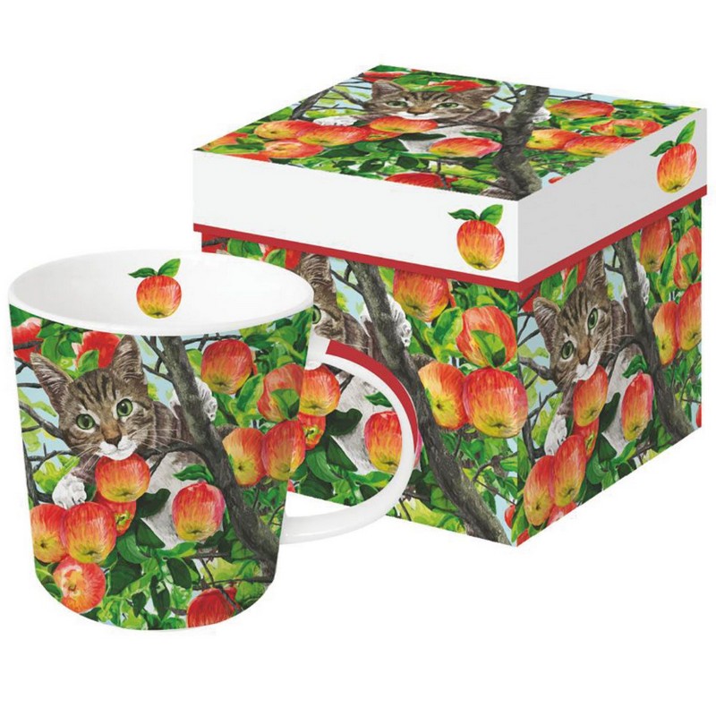 Tazza mug decorata con gatto su albero di mele, contenuta in scatola con decoro abbinato